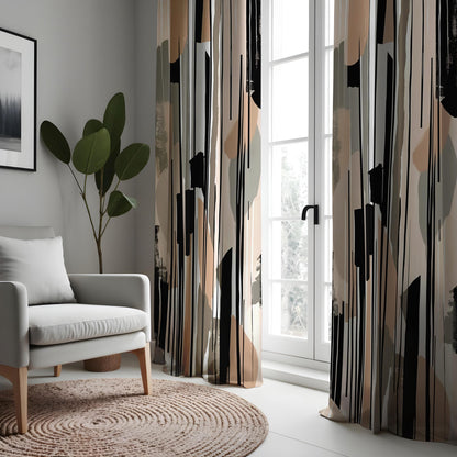 Neutral Abstract Curtains, Beige & Black Minimalist Drapes