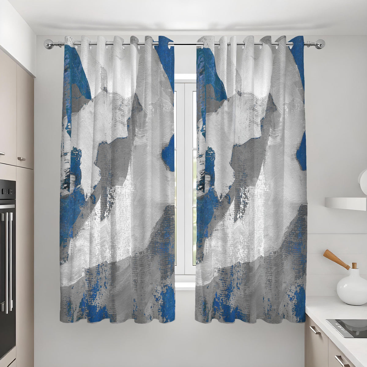 Grey and Blue Brushstroke Curtains, Abstract Art Drapes
