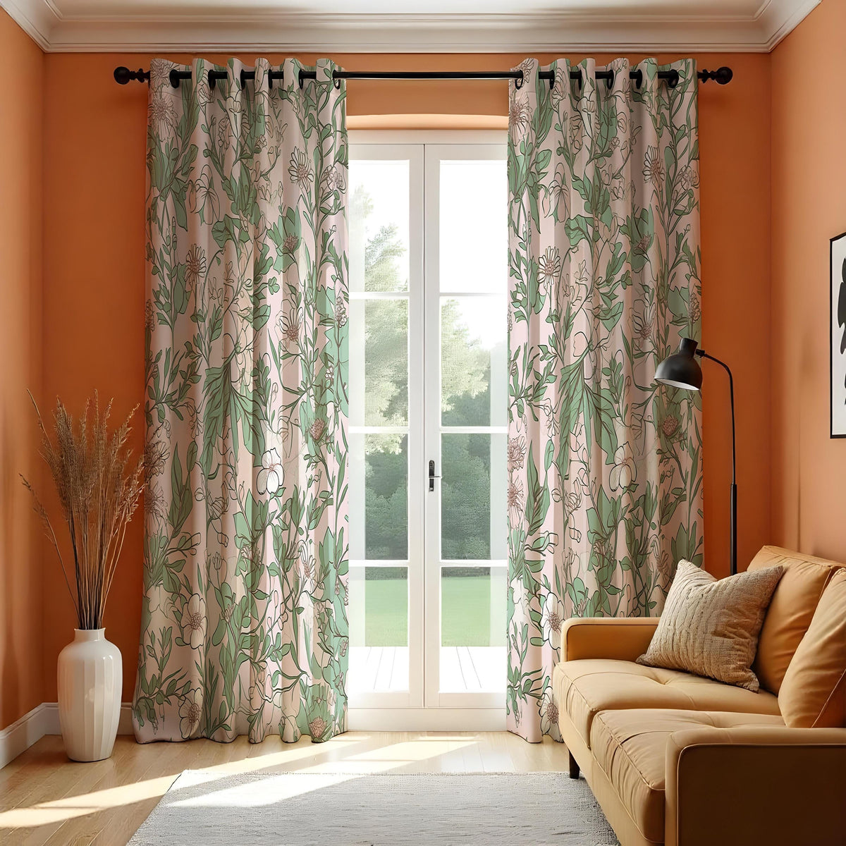 Green & Beige Botanical Line Art Curtains, Leaf Print Drapes