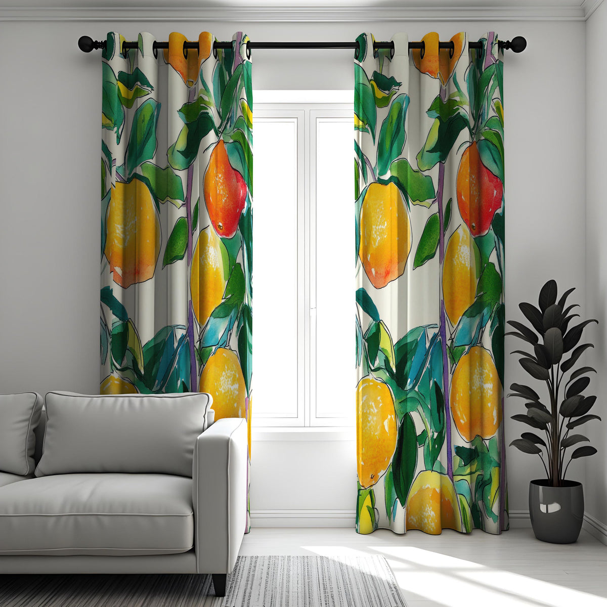 Lemon Watercolor Kitchen Curtains, Citrus Botanical Drapes