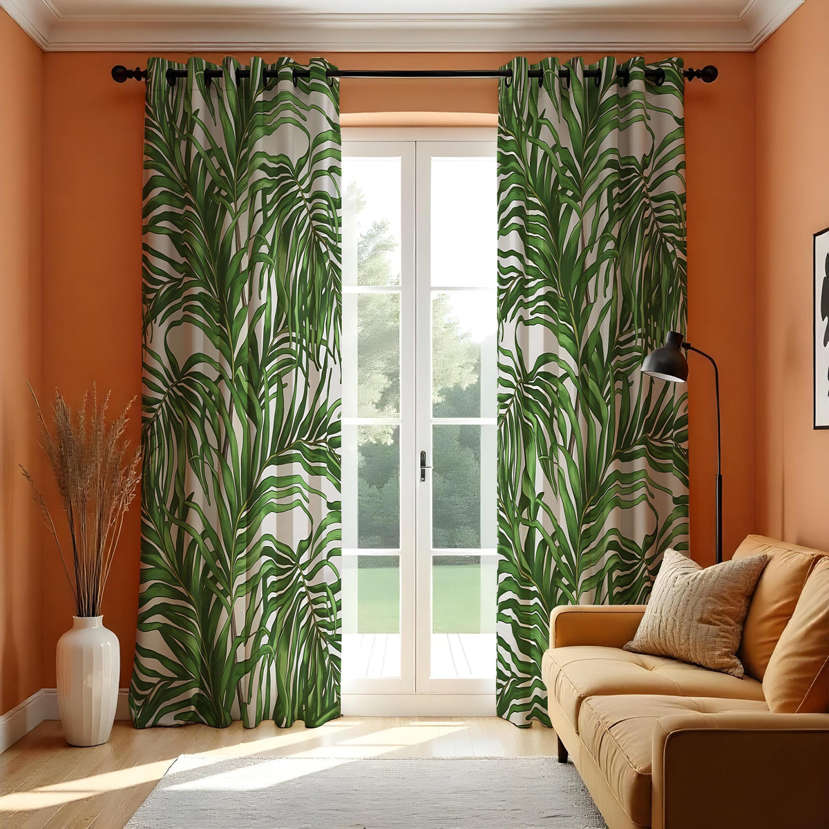Green Palm Leaf Curtains, Tropical Botanical Custom Drapes