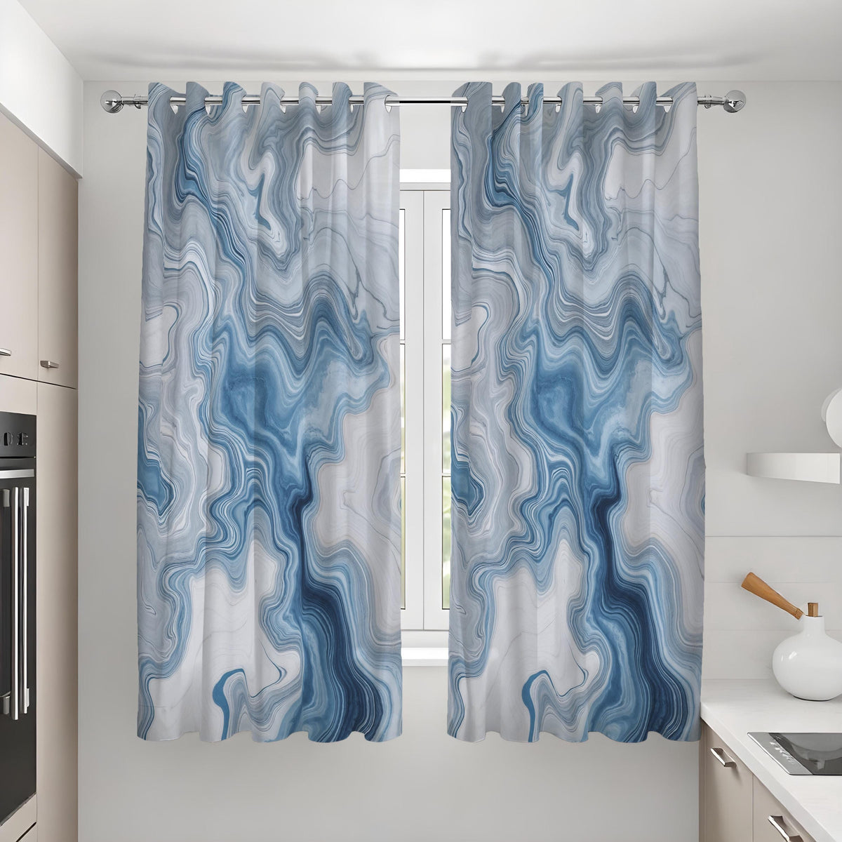 Blue Grey Marble Curtains, Fluid Abstract Custom Drapes