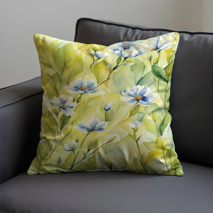 Lemon Yellow Floral Cushion Cover, Soft Blue Flowers Pillow Case