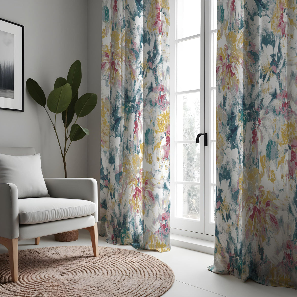 Blue Pink Yellow Watercolor Floral Curtains, Abstract Drapes