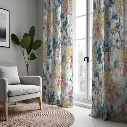 Blue Pink Yellow Watercolor Floral Curtains, Abstract Drapes