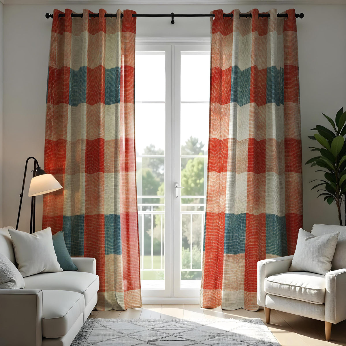 Rustic Earth Tone Striped Curtains, Checkered Boho Drapes
