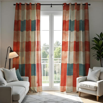 Rustic Earth Tone Striped Curtains, Checkered Boho Drapes