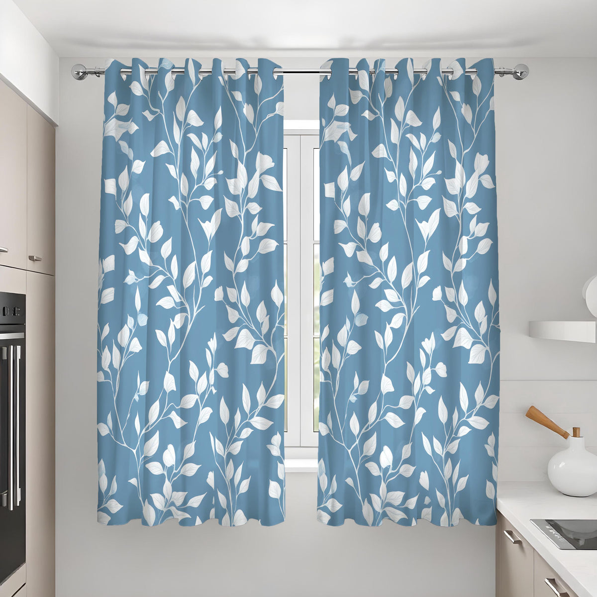 Blue Botanical Leaf Curtains, White Leaves Print Drapes