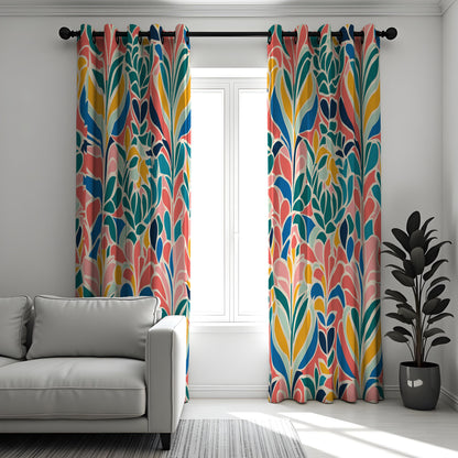Colorful Abstract Leaf Curtains, Retro Botanical Drapes