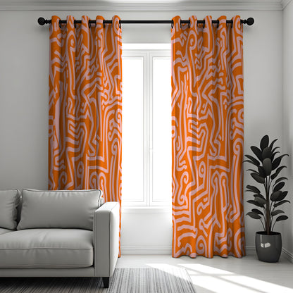 Orange Line Art Curtains, Abstract Geometric Window Drapes