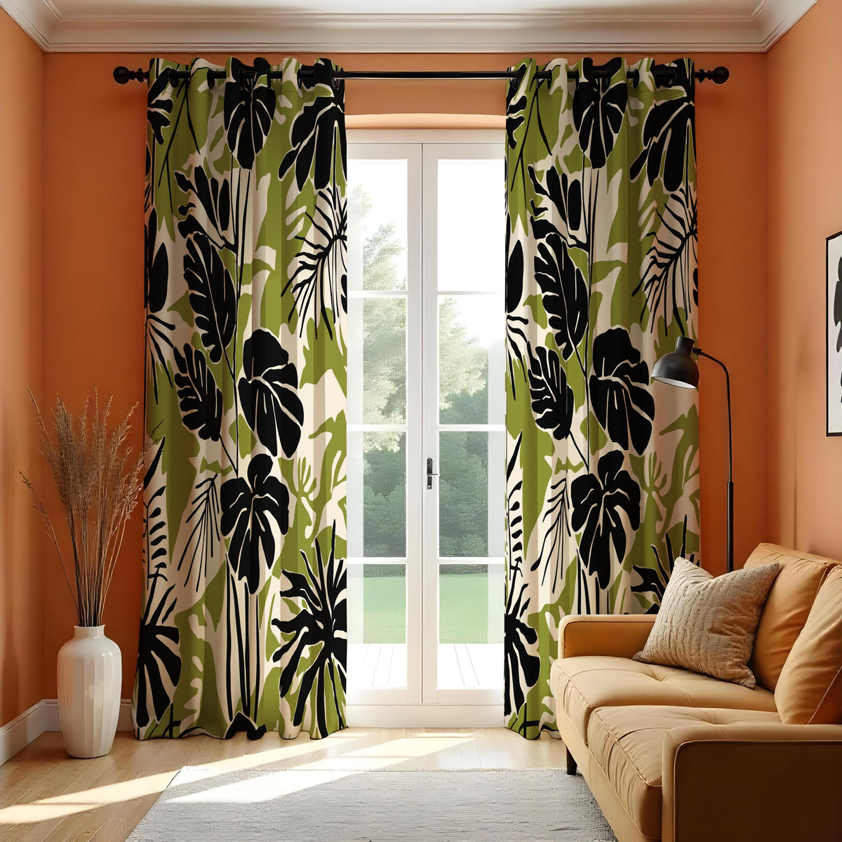 Green & Black Monstera Curtains, Tropical Leaf Print Drapes