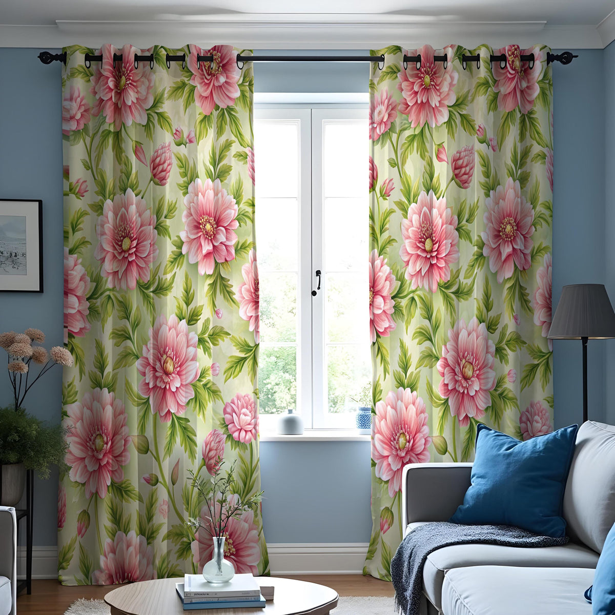 Pink Flower Curtains, Green Botanical Made to Measure Drapes