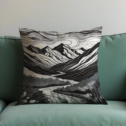 Black & White Mountain Cushion Cover, Monochrome Landscape Pillow Cover