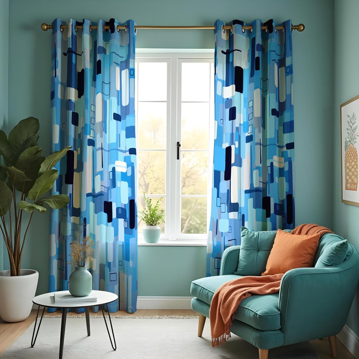 Blue Abstract Geometric Curtains, Mid Century Modern Drapes