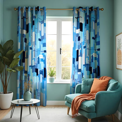 Blue Abstract Geometric Curtains, Mid Century Modern Drapes
