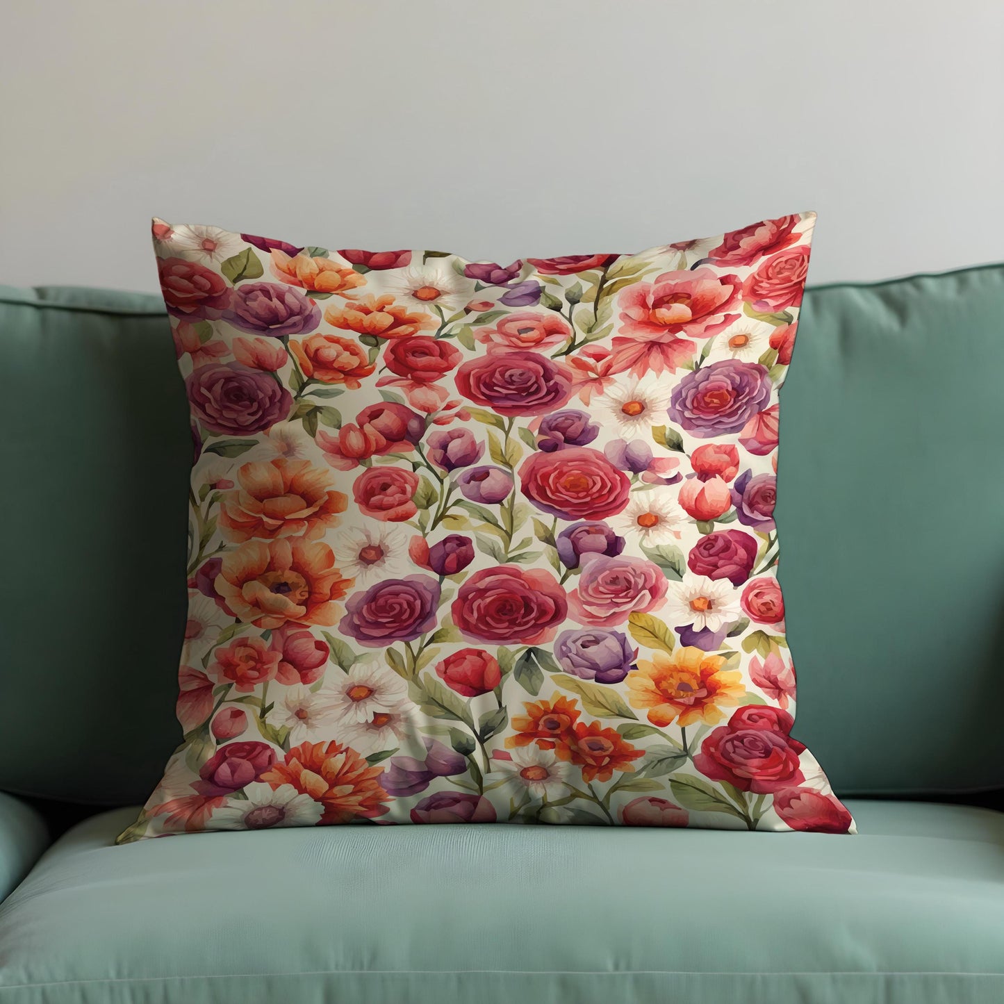 Colorful Garden Floral Cushion Cover, Purple & Orange Flowers Pillow Case