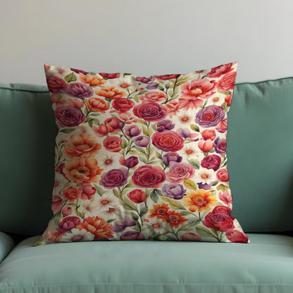 Colorful Garden Floral Cushion Cover, Purple & Orange Flowers Pillow Case
