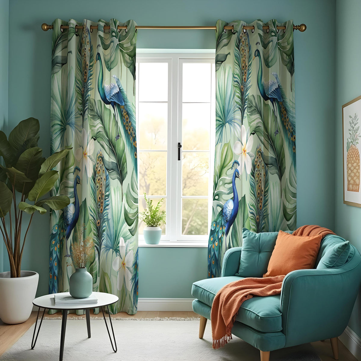 Tropical Peacock Curtains, Blue Bird & Jungle Leaf Drapes