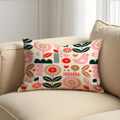 Scandi Folk Art Cushion Cover, Pink Bird & Floral Throw Pillow Cover