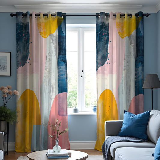 Blue Pink Mustard Color Block Curtains, Abstract Art Drapes