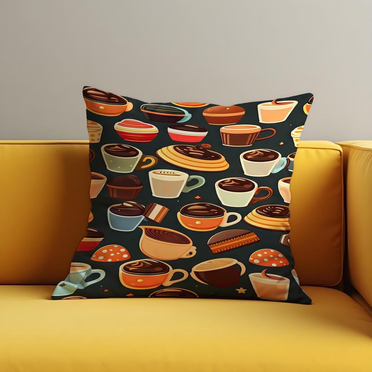 Coffee Lovers Pillow Cover, Mug and Pastry Cushion Case