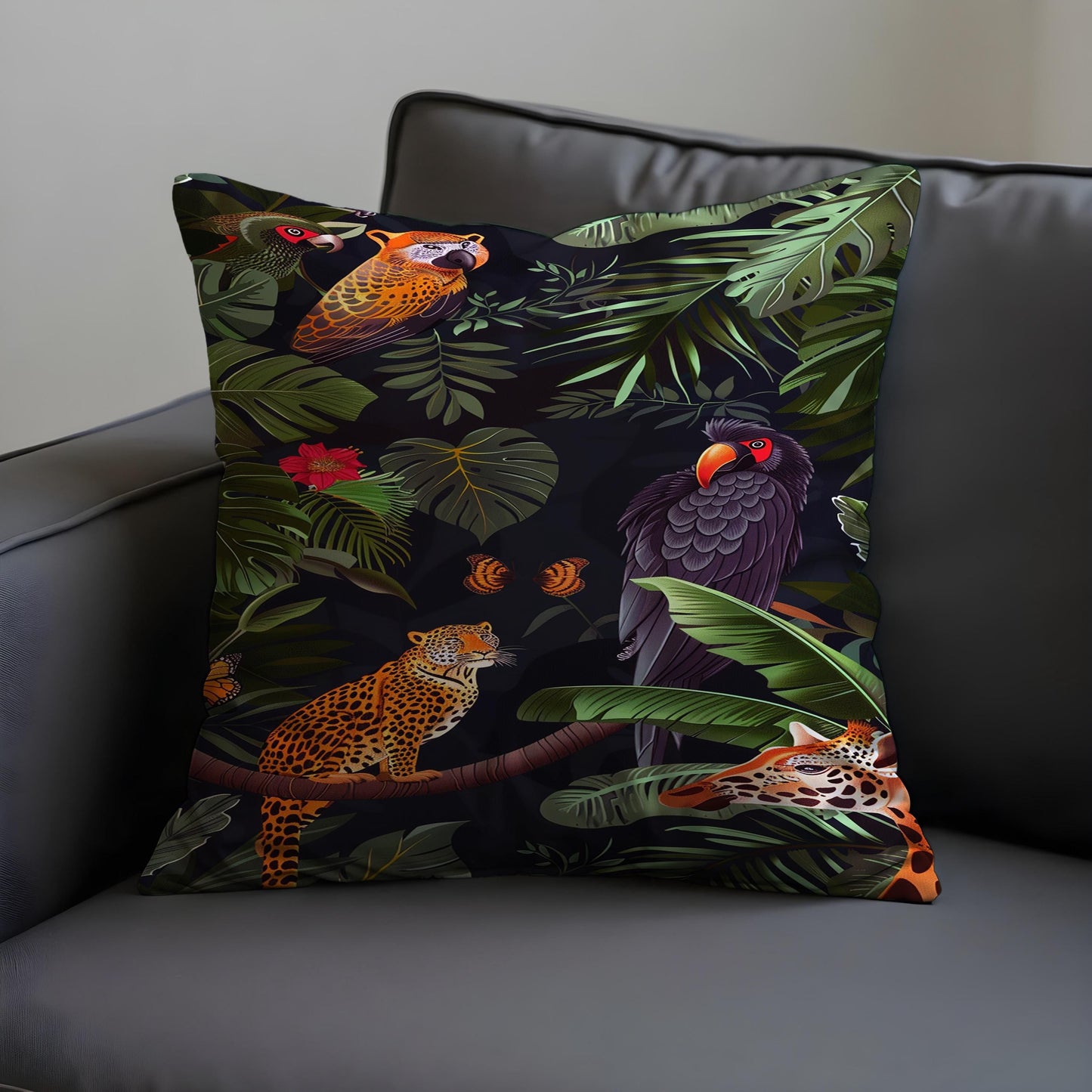 Jungle Animal Print Cushion Cover, Black Tropical Throw Pillow Case