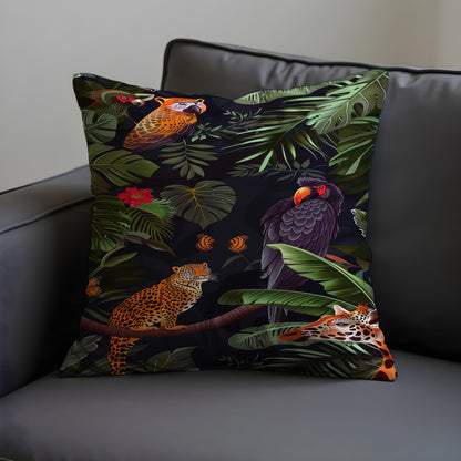 Jungle Animal Print Cushion Cover, Black Tropical Throw Pillow Case