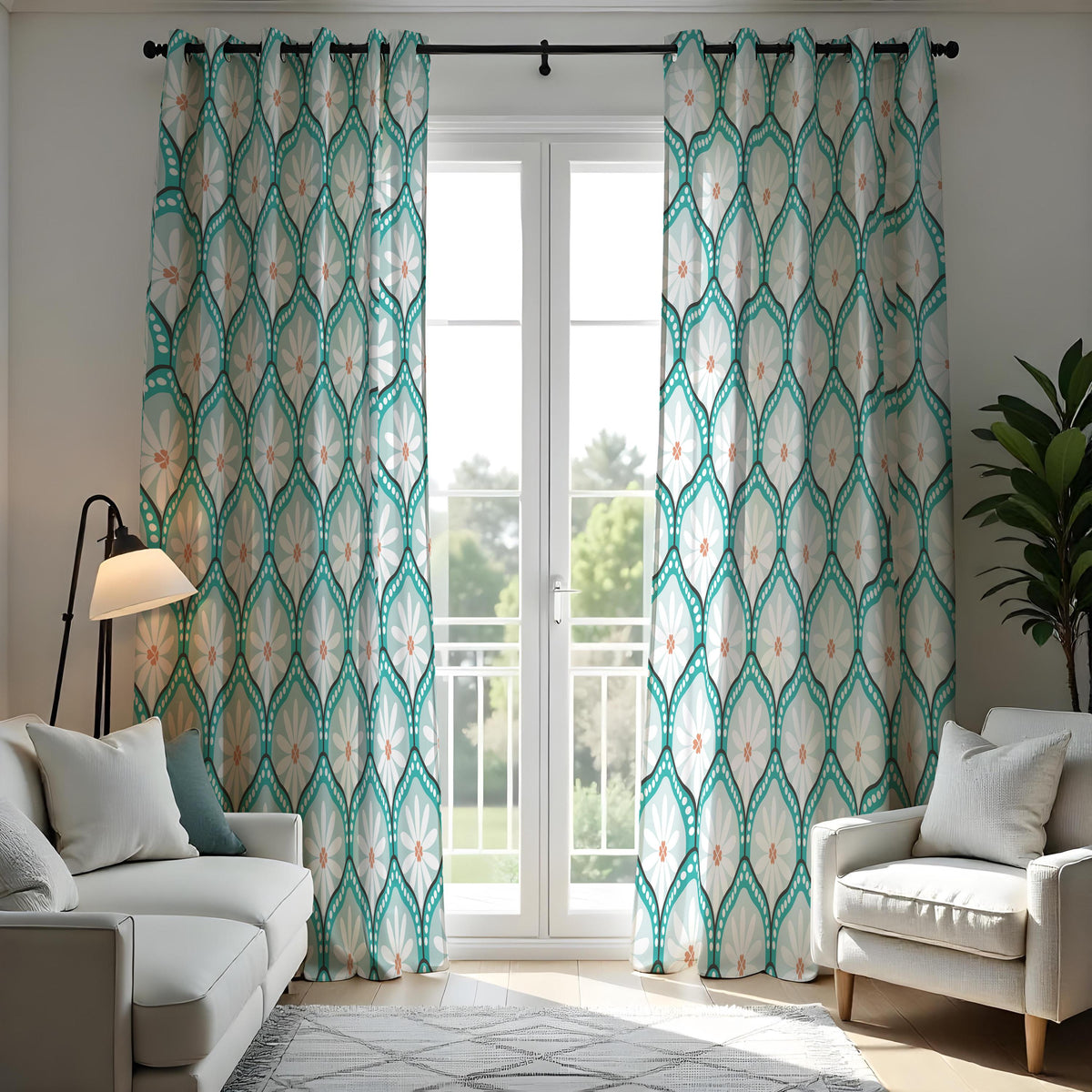 Teal Retro Daisy Curtains, Geometric Floral Window Drapes