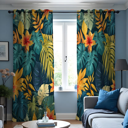 Dark Jungle Monstera Palm Curtains, Tropical Leaf Drapes