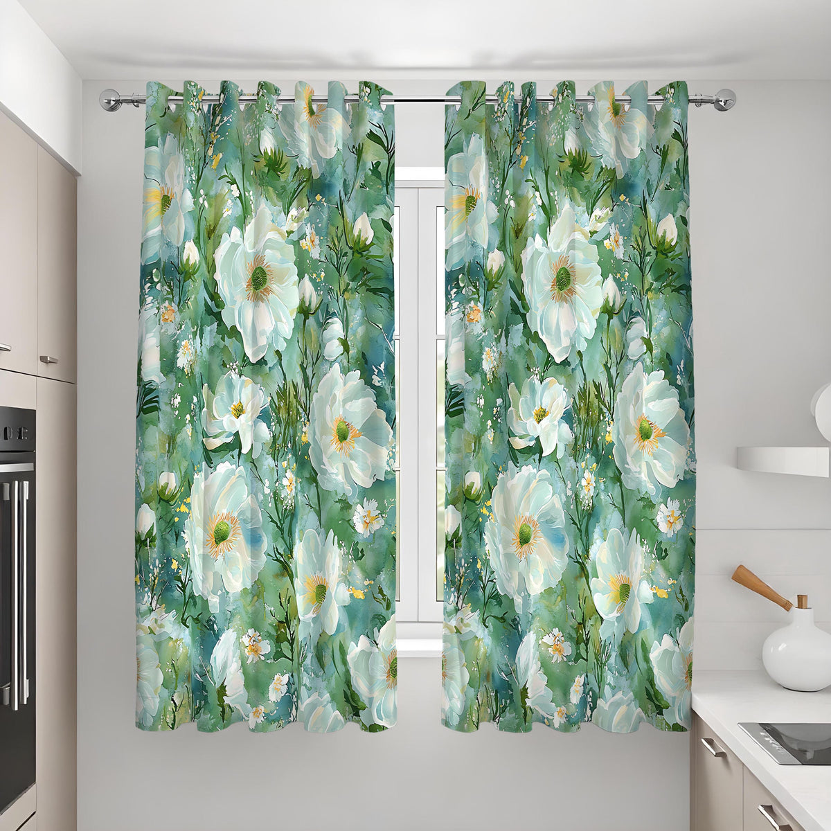 Teal Floral Curtains, Watercolor White Flower Drapes