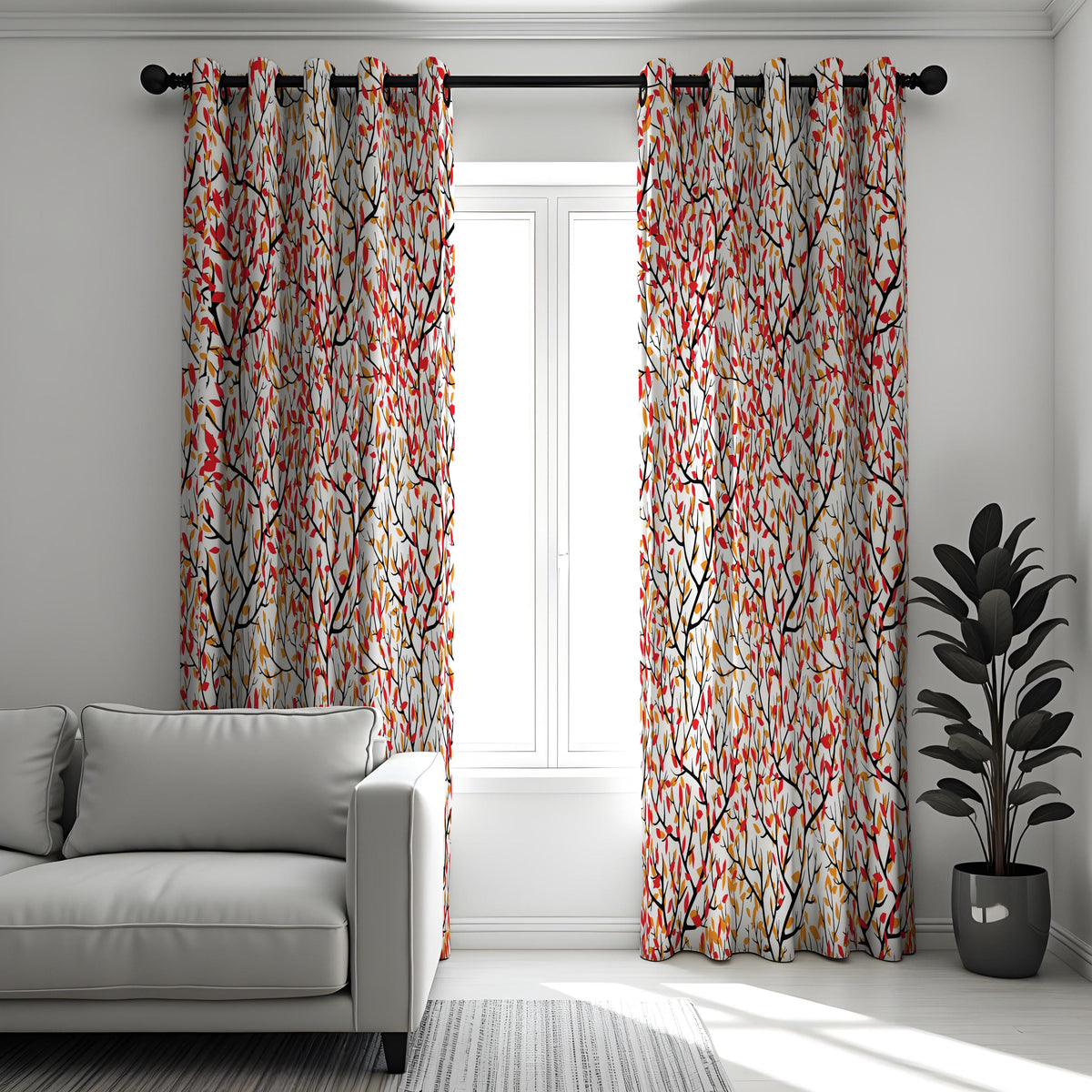 Red Orange Green Leaf Curtains, Colorful Botanical Drapes