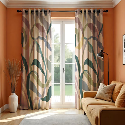 Earth Tone Abstract Leaf Curtains, Botanical Print Drapes