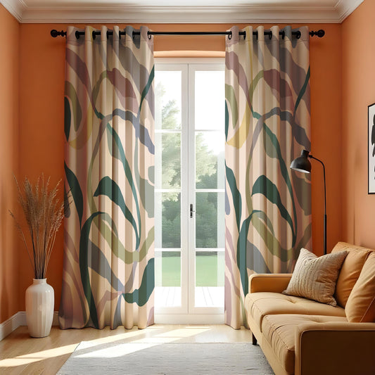 Earth Tone Abstract Leaf Curtains, Botanical Print Drapes