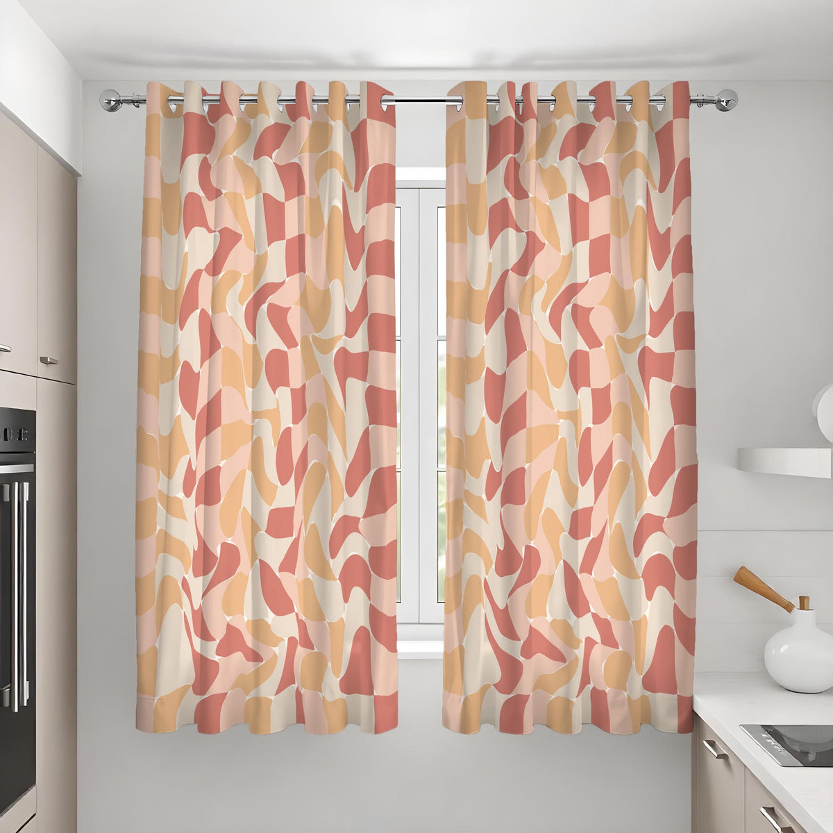 Retro Wavy Geometric Curtains, Mid Century Abstract Drapes