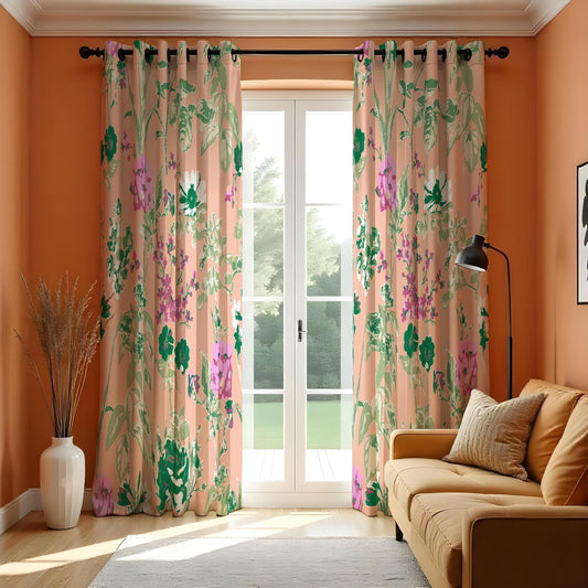 Peach Floral Curtains, Green & Purple Botanical Drapes