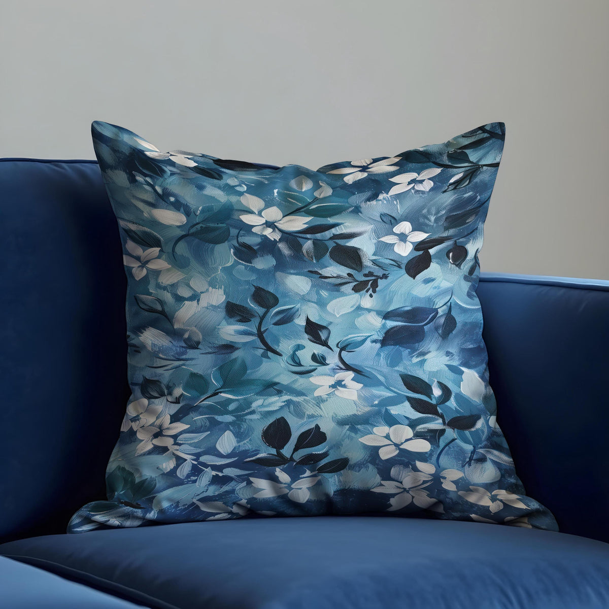 Blue Botanical Cushion Cover, Floral Throw Pillow Case