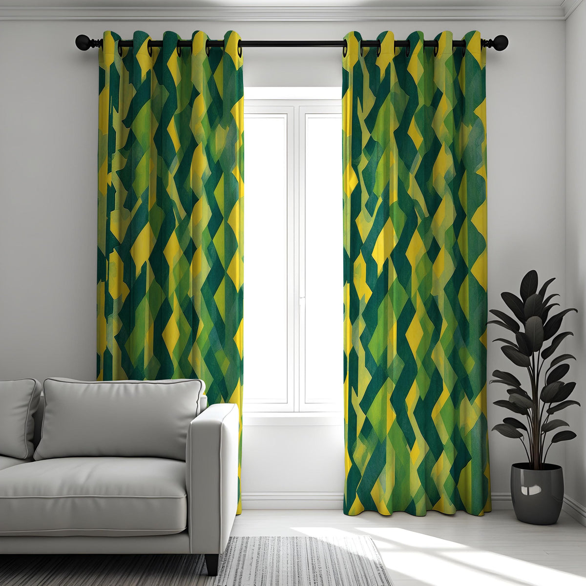 Yellow Green Geometric Curtains, Modern Abstract Drapes