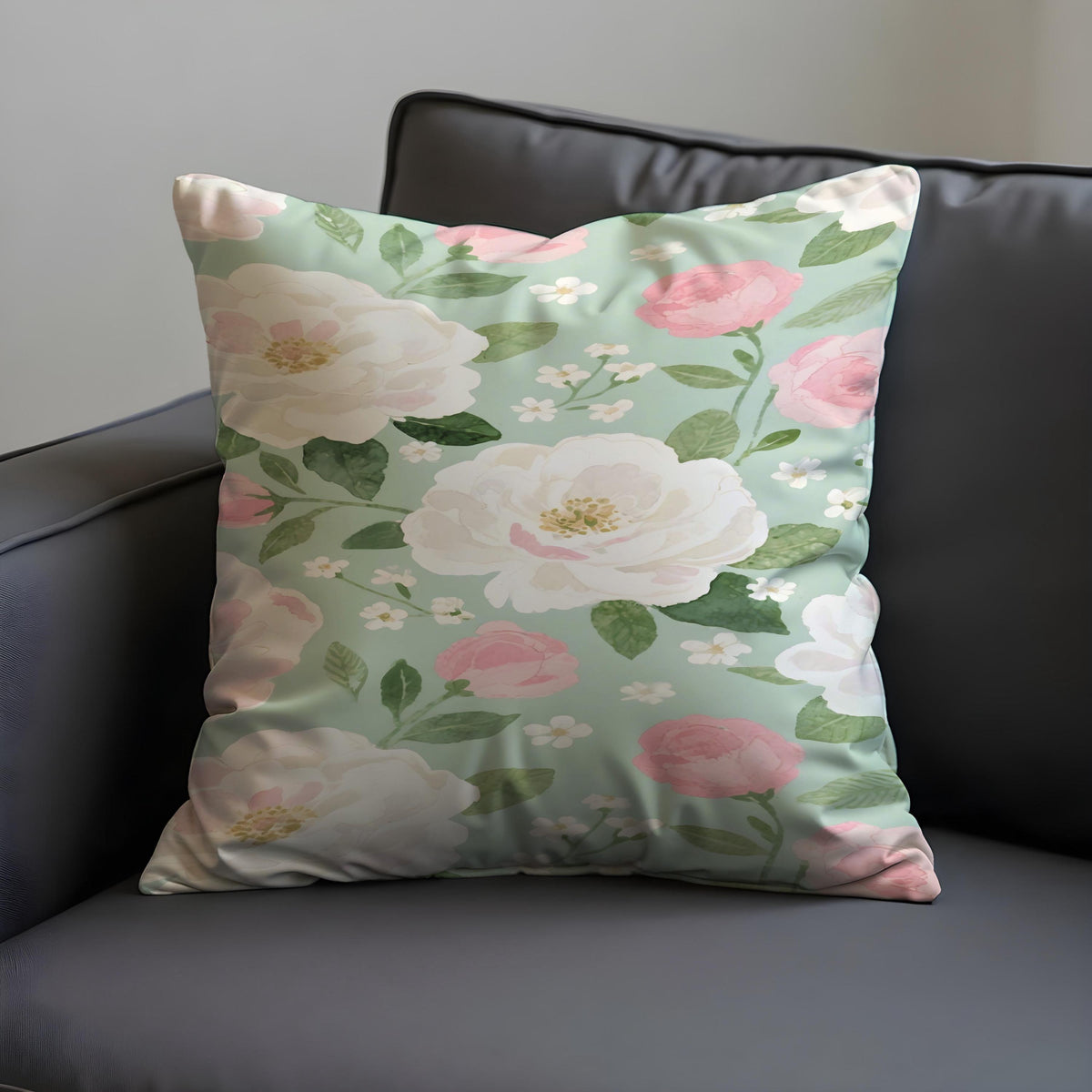 Watercolour Rose Cushion Cover, Sage Green Pillow Case