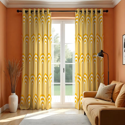 Mustard Yellow Retro Arch Curtains, Rainbow Geometric Drapes