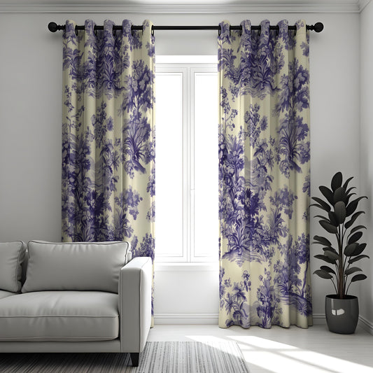 Purple Floral Toile Curtains, French Country Botanical Drapes