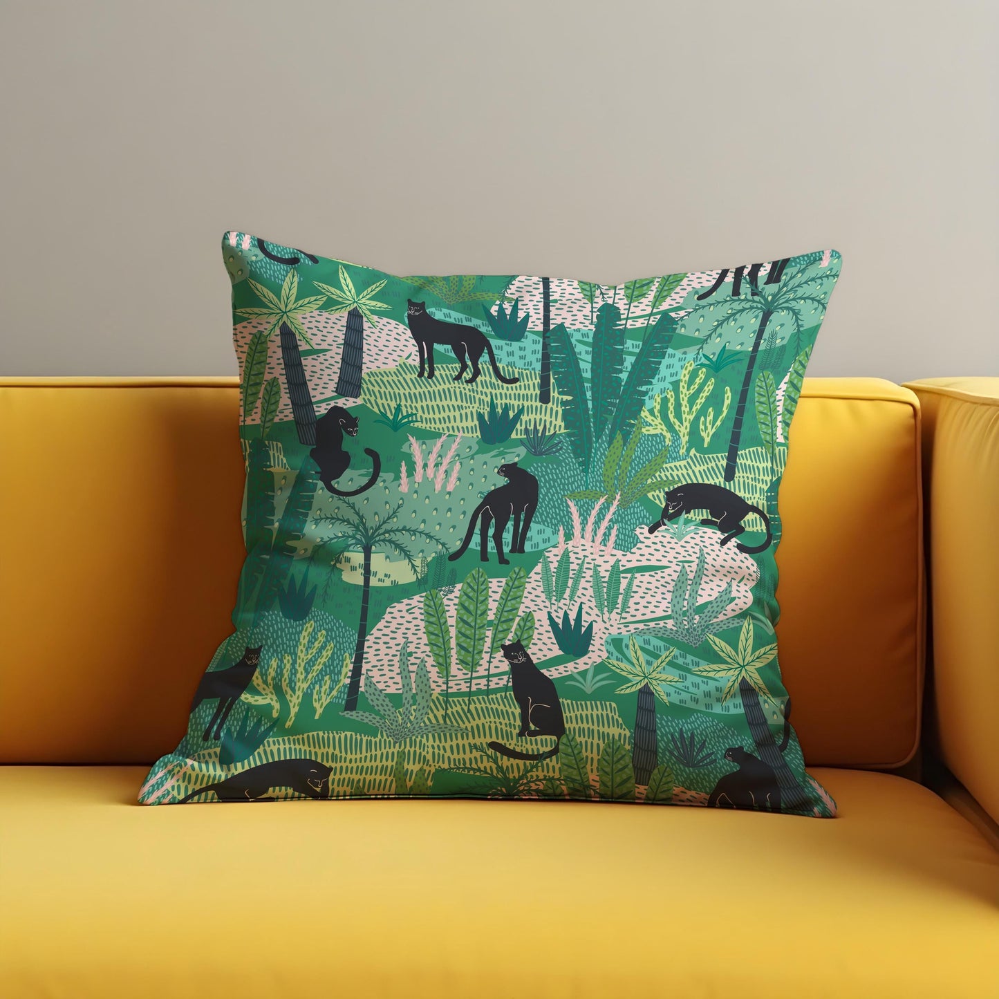 Jungle Panther Cushion Cover, Green Tropical Safari Pillow Cover