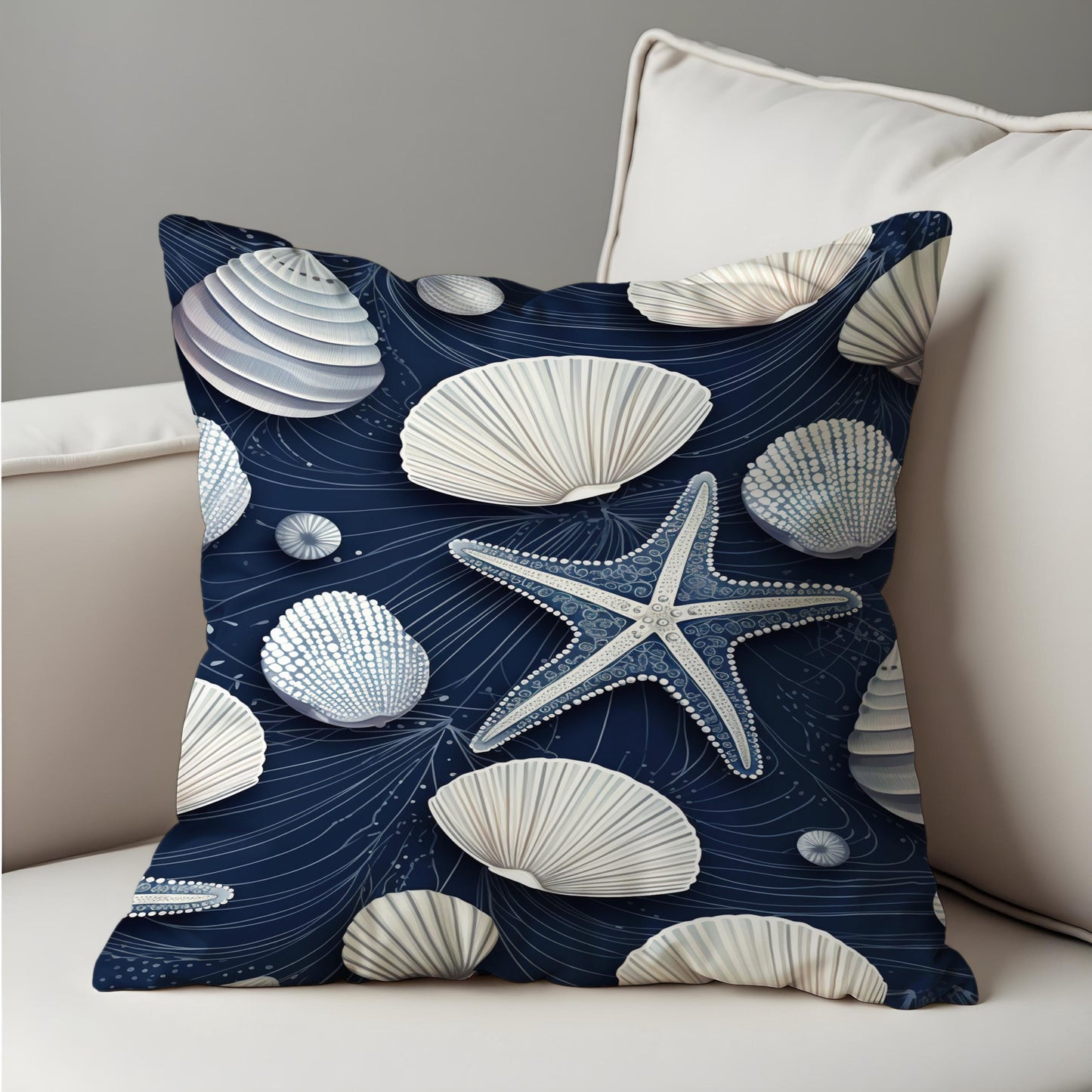 Nautical Seashell Starfish Cushion Cover, Coastal Beach Decor Pillow Case