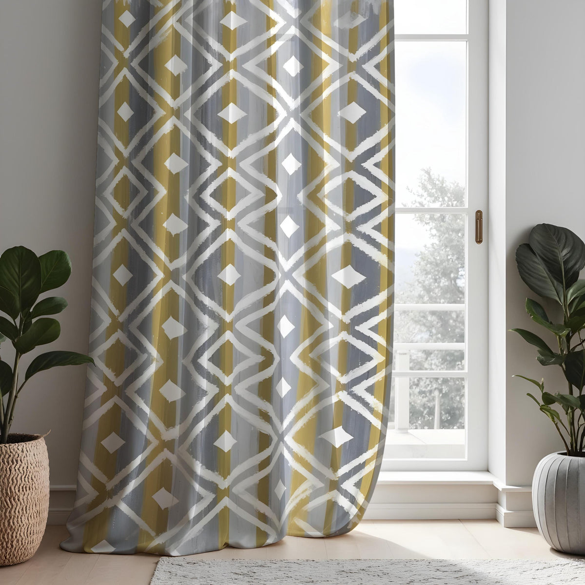 Grey Mustard Geometric Curtains, Abstract Pattern Drapes