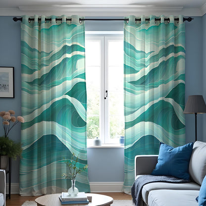 Teal Ocean Wave Curtains, Aqua Blue Coastal Abstract Drapes
