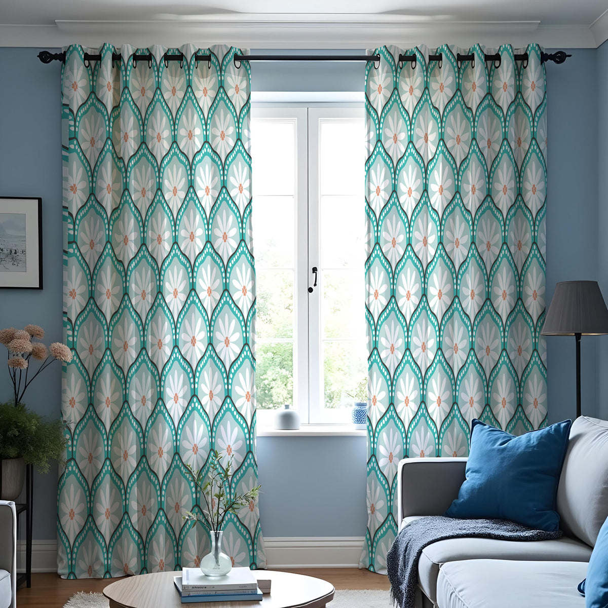 Teal Retro Daisy Curtains, Geometric Floral Window Drapes