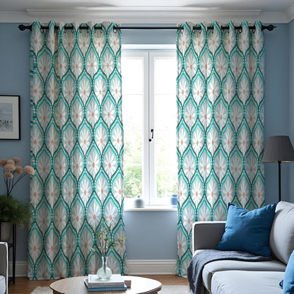 Teal Retro Daisy Curtains, Geometric Floral Window Drapes
