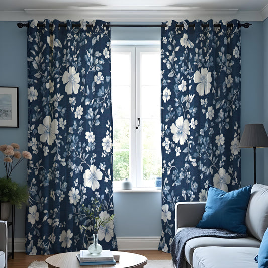 Navy Blue Floral Curtains, White Blossom Botanical Drapes