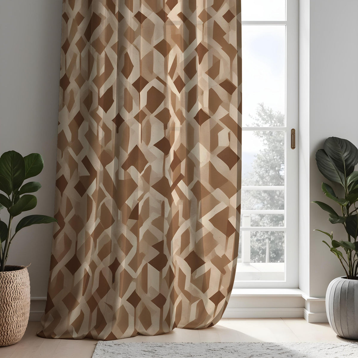 Brown Geometric Curtains, Modern Pattern Custom Drapes