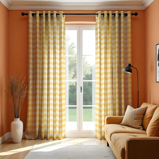 Yellow Gingham Curtains, Cottagecore Farmhouse Check Drapes