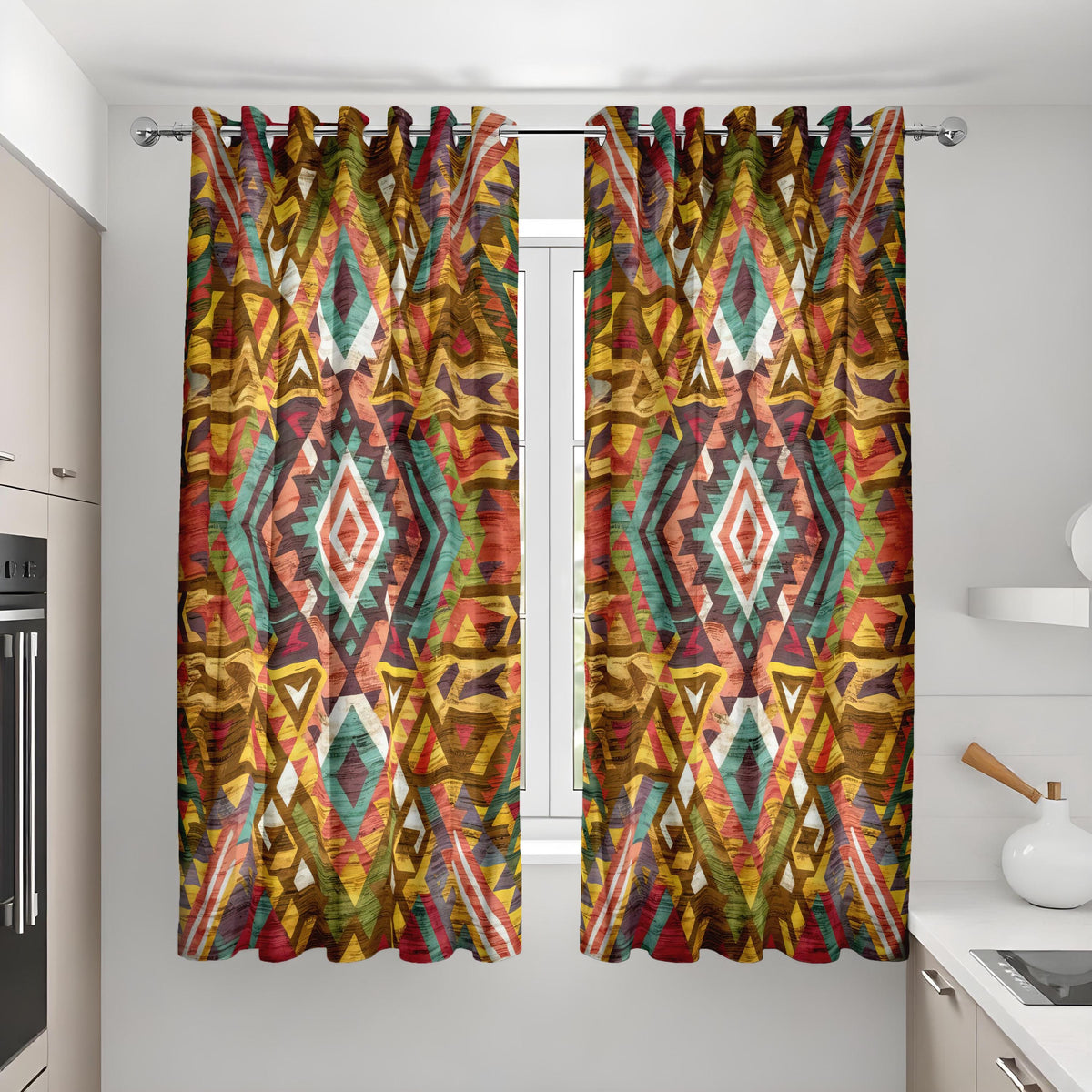 Colorful Tribal Aztec Curtains, Boho Geometric Drapes